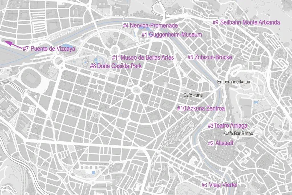 Karte mit Sehenswürdigkeiten in Bilbao in Spanien