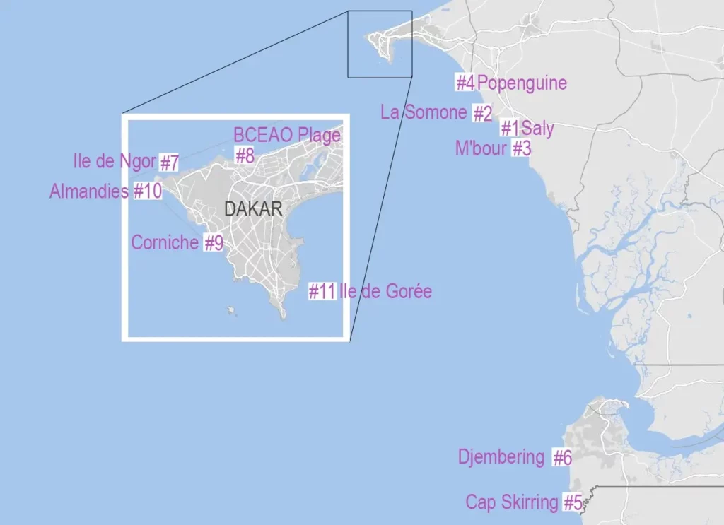 Karte mit 11 Stränden im Senegal und Dakar
