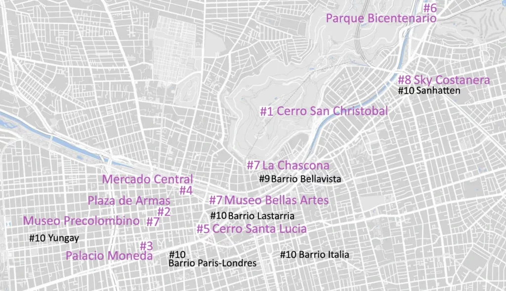 Karte mit Sehenswürdigkeiten in Santiago de Chile